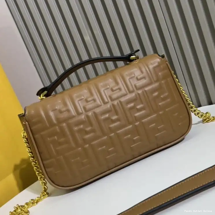 Affordable Fendi Chain Bag Nappa In Midi Brown Baguette FF Leather Motif 0607